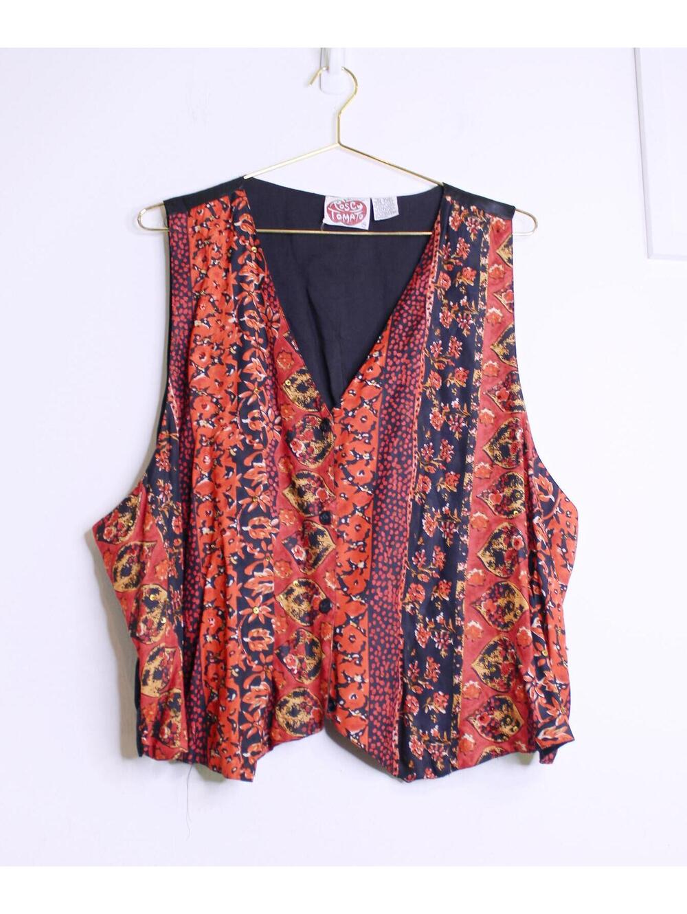 VTG Red Paisley Beaded Sequin Boho Vest - 2XL